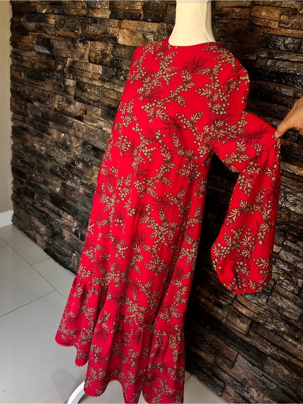 Red Floral Long-Sleeve Midi Dress homemade - Picture 3 of 10